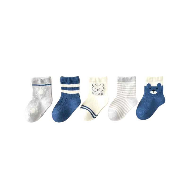 5-pack navy and grey bear baby socks – soft cotton everyday socks for babies