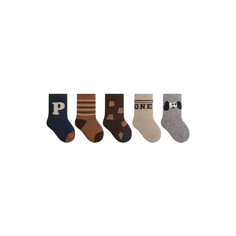 5-pack patterned cotton baby socks in brown mix with bear, stripe and letter designs