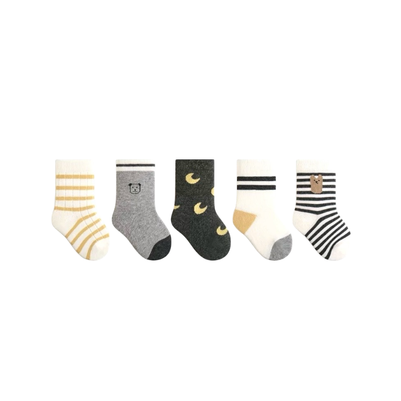 5-pack patterned cotton baby socks in grey mix with moon, bear and stripe designs