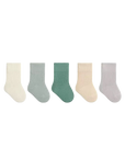 Set of five pairs of green socks in various colors on a white background