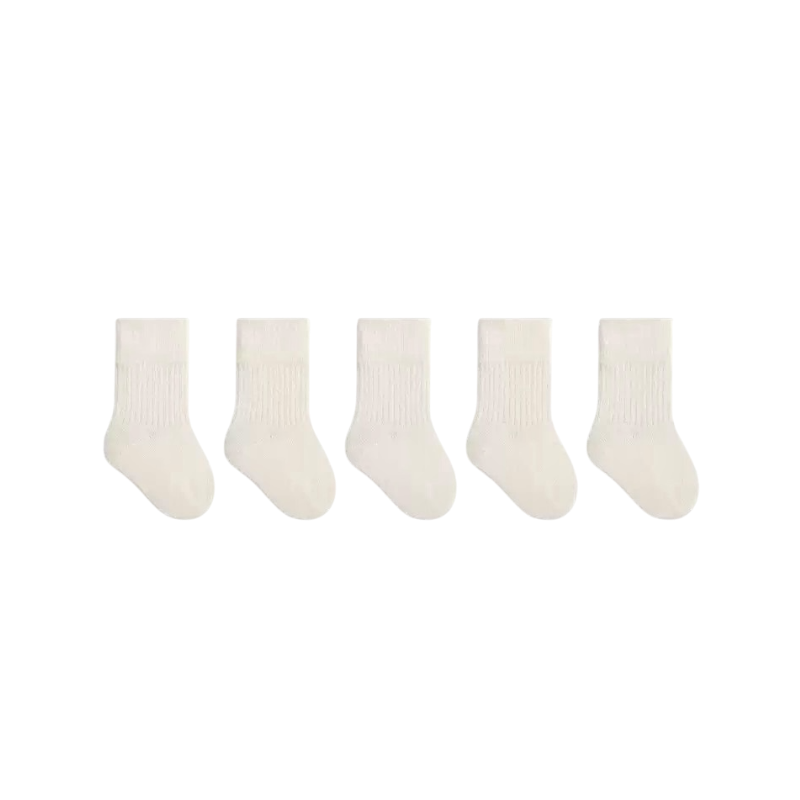 Five pairs of white socks arranged in a row on a white background