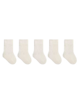 Five pairs of white socks arranged in a row on a white background