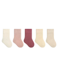 Set of five pairs of pink socks in various colors on a white background