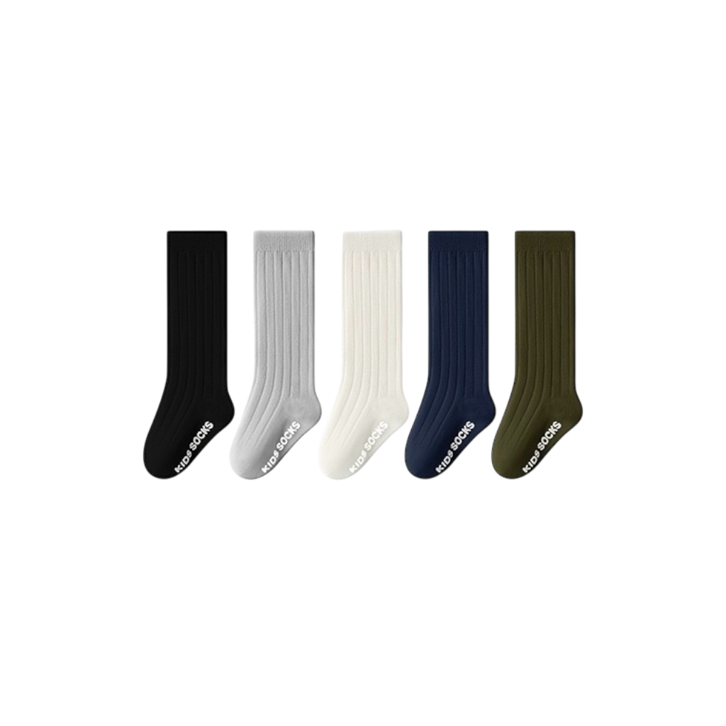 Five pairs of socks in black, white, beige, navy, and green on a white background.