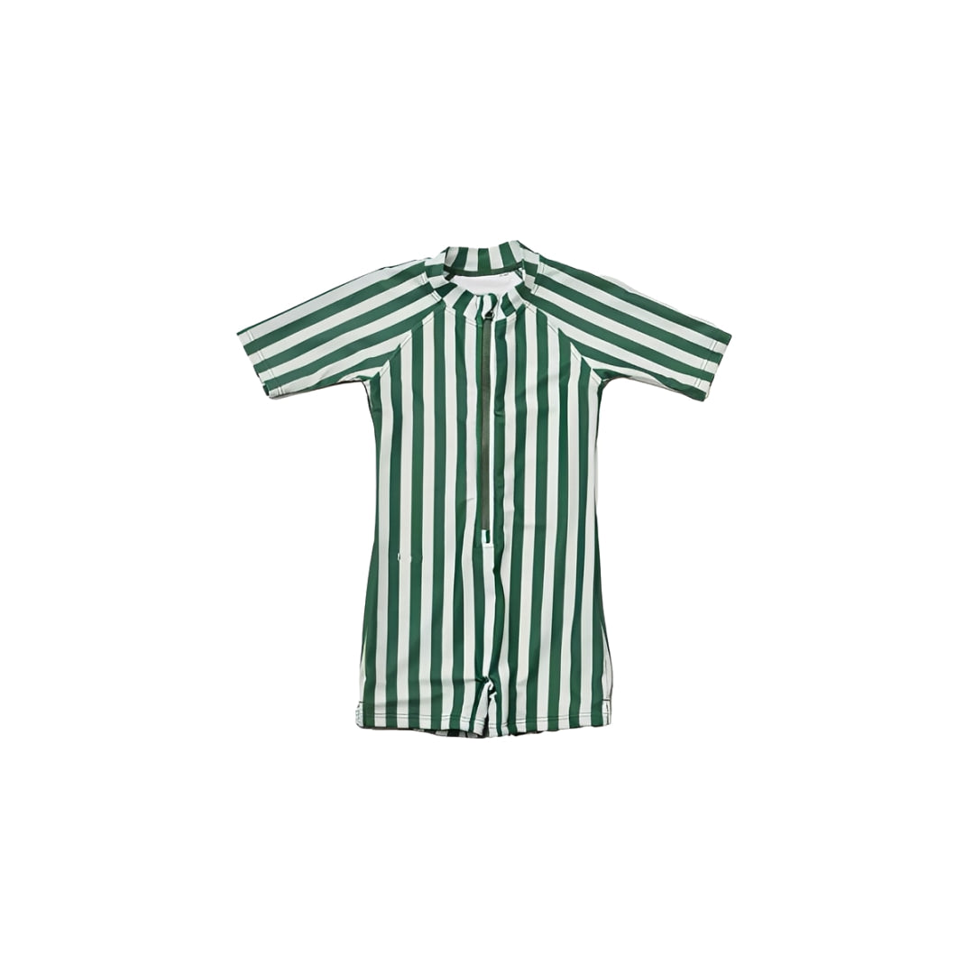 Green stripe baby zip swim romper with short sleeves, breathable toddler swimsuit for summer beach and pool