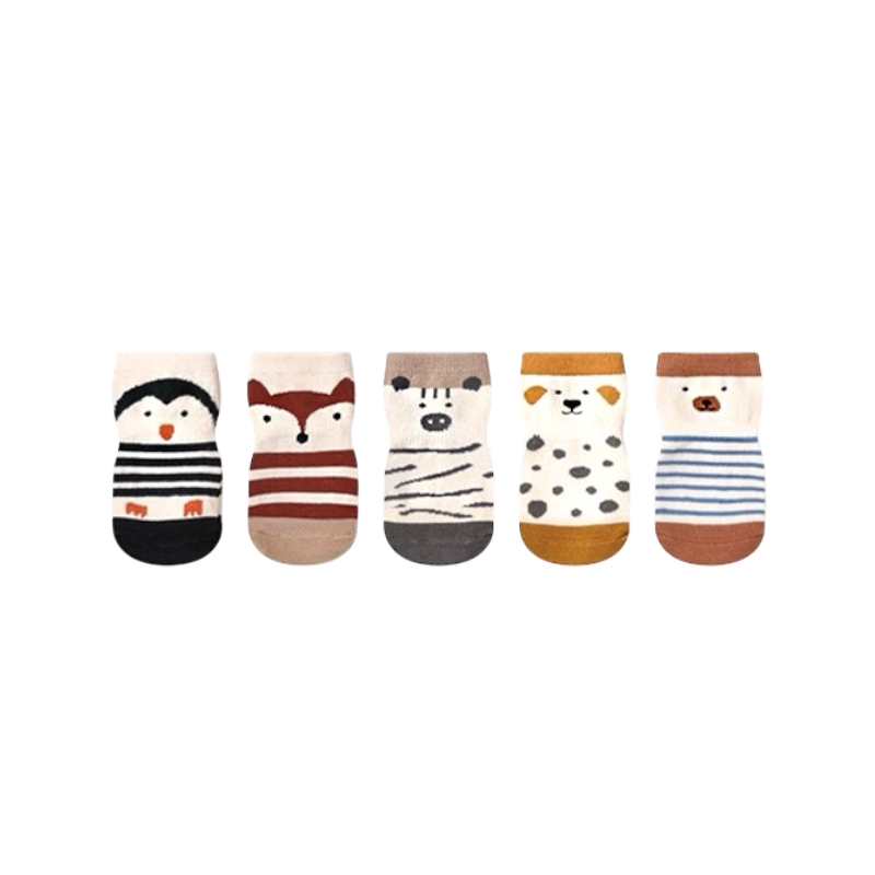 Cute animal baby socks set with penguin, fox, zebra, dog and bear designs