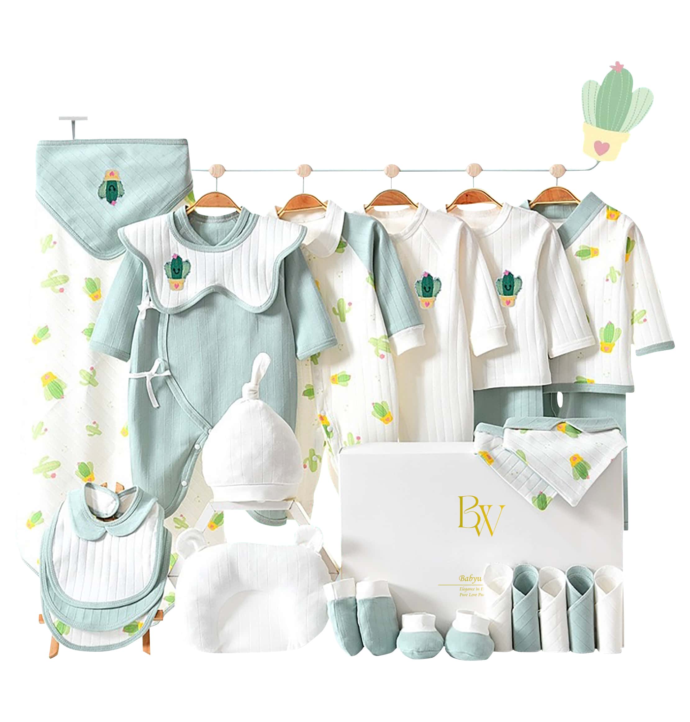 Winter baby gift set 24 pieces, cactus theme newborn essentials box, warm cotton baby clothes set, baby shower gift