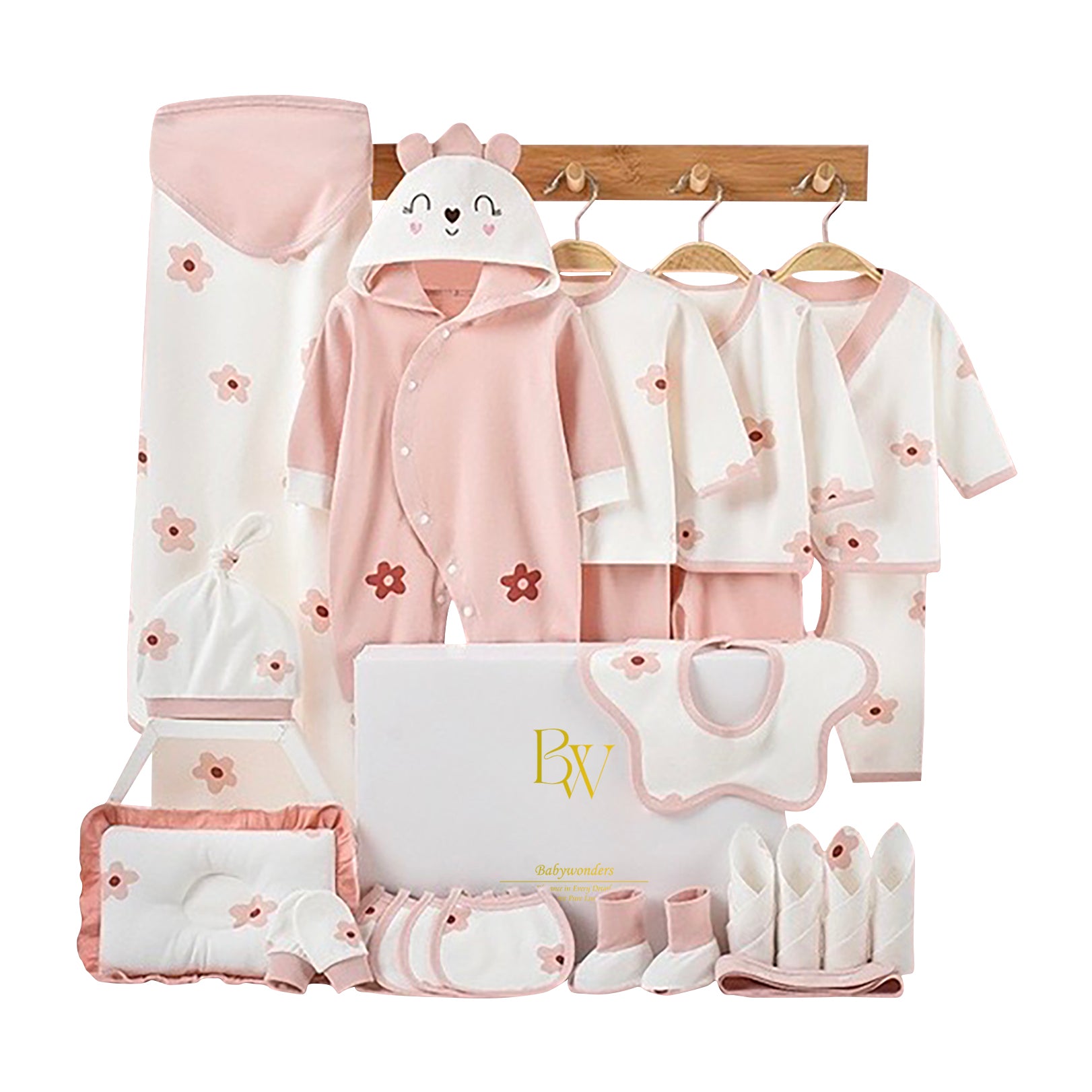 Summer baby gift set 24 pieces, pink floral newborn essentials box, soft cotton baby clothes set, baby shower gift