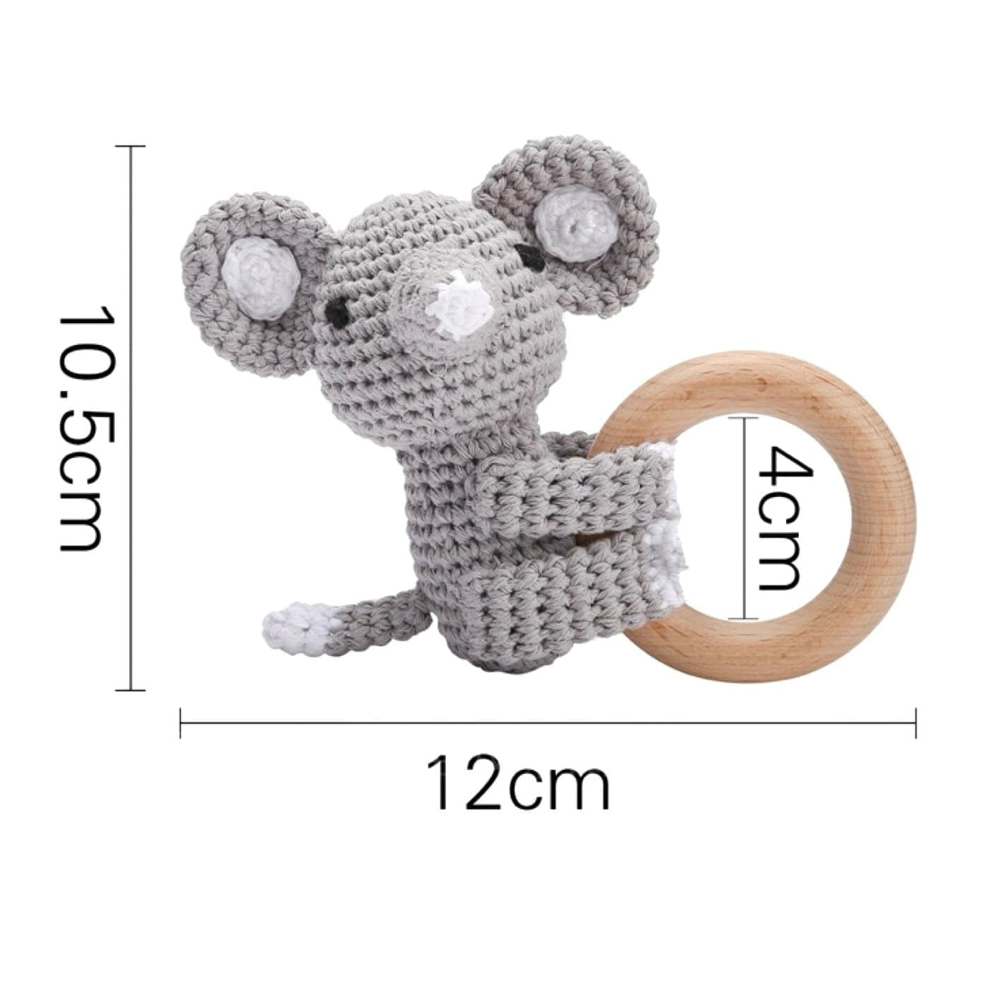 Elephant baby rattle toy with wooden ring