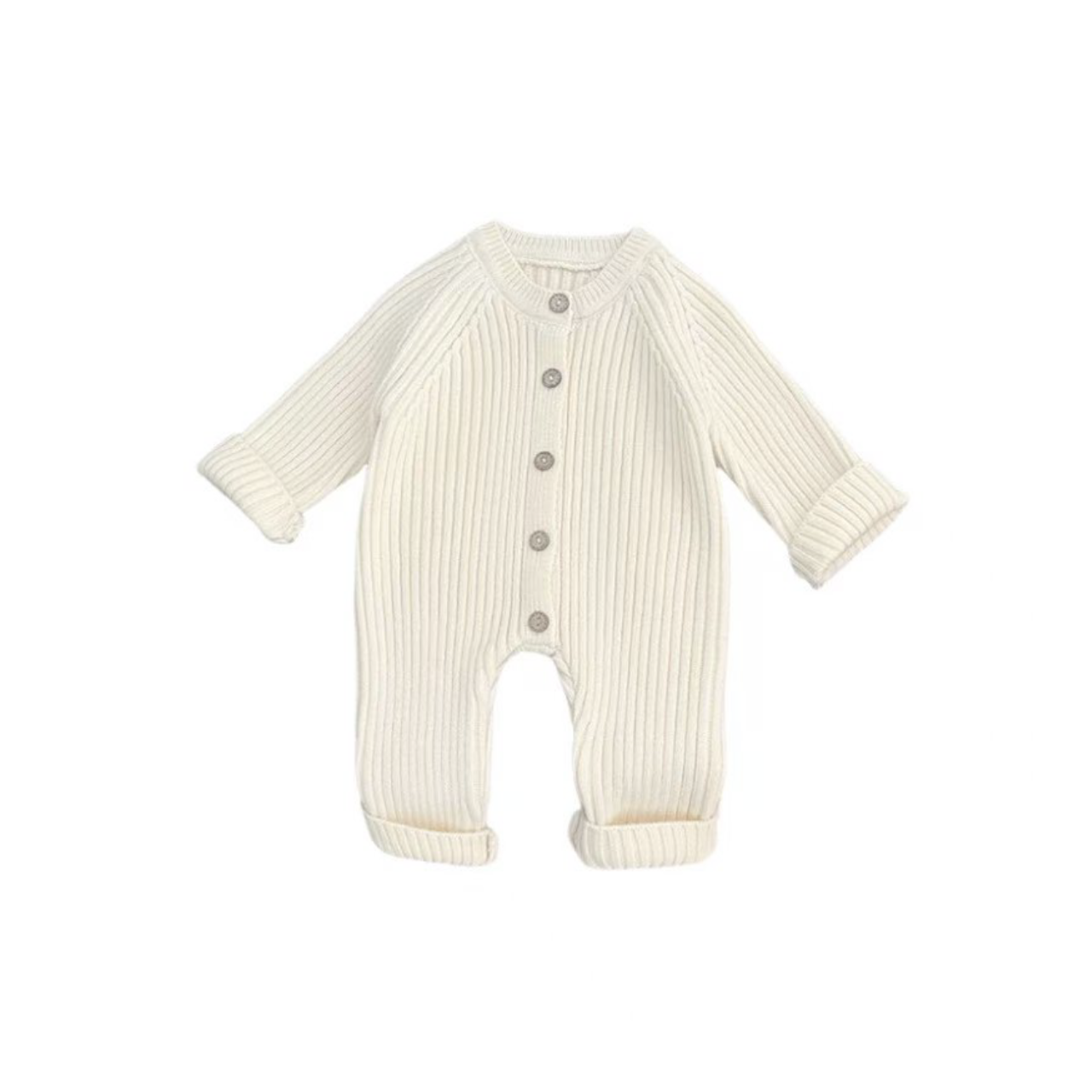 Ivory ribbed knit baby romper with button front, simple and comfortable newborn outfit
