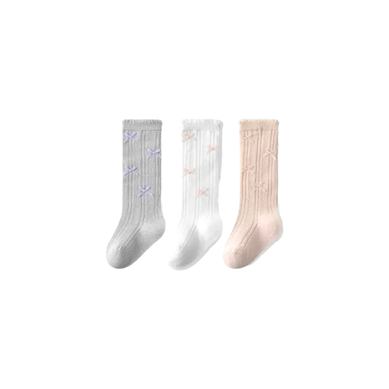 Three pairs of socks in gray, white, and pink on a white background