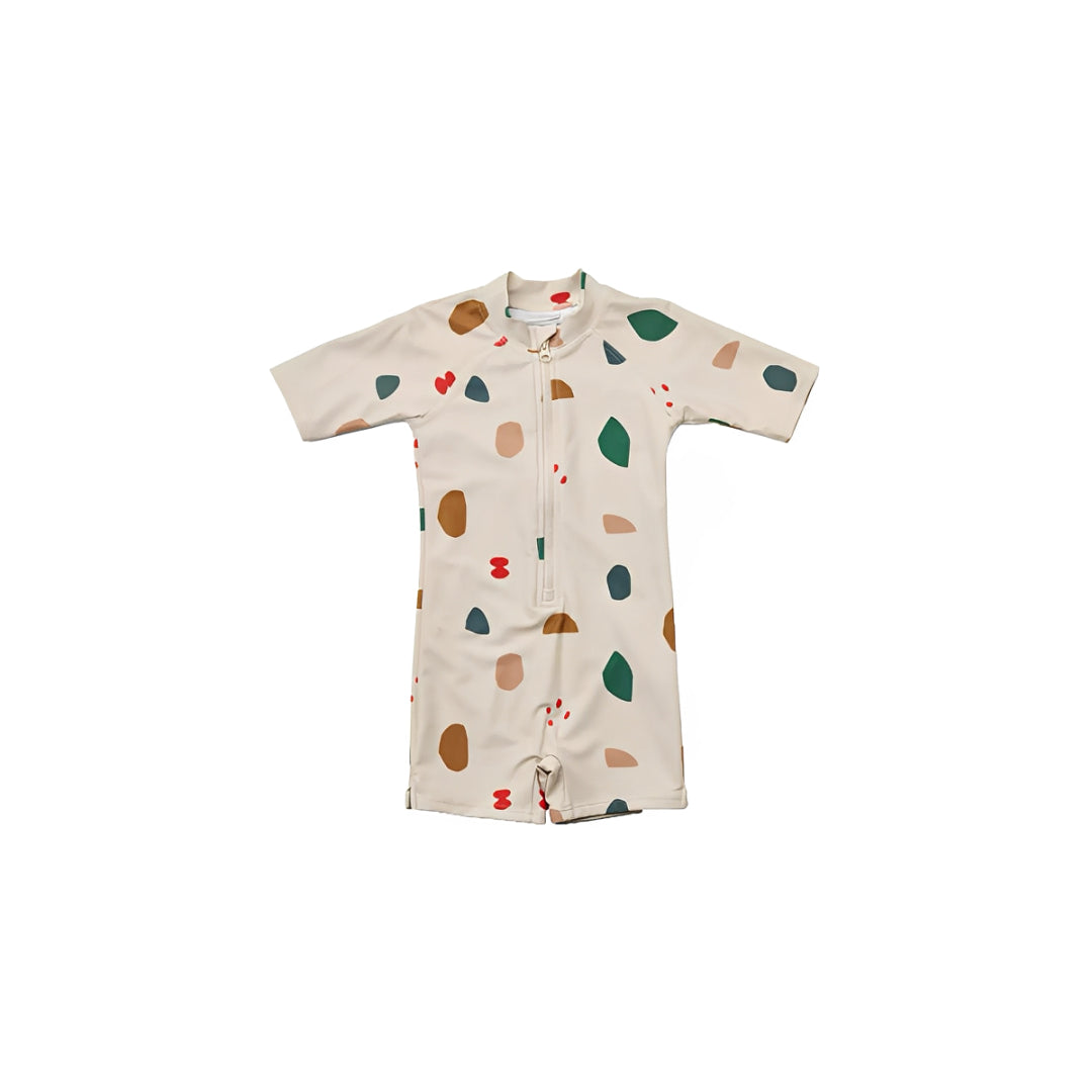 Abstract print baby zip swim romper, modern toddler swimsuit with soft stretch fabric for active play