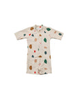 Abstract print baby zip swim romper, modern toddler swimsuit with soft stretch fabric for active play