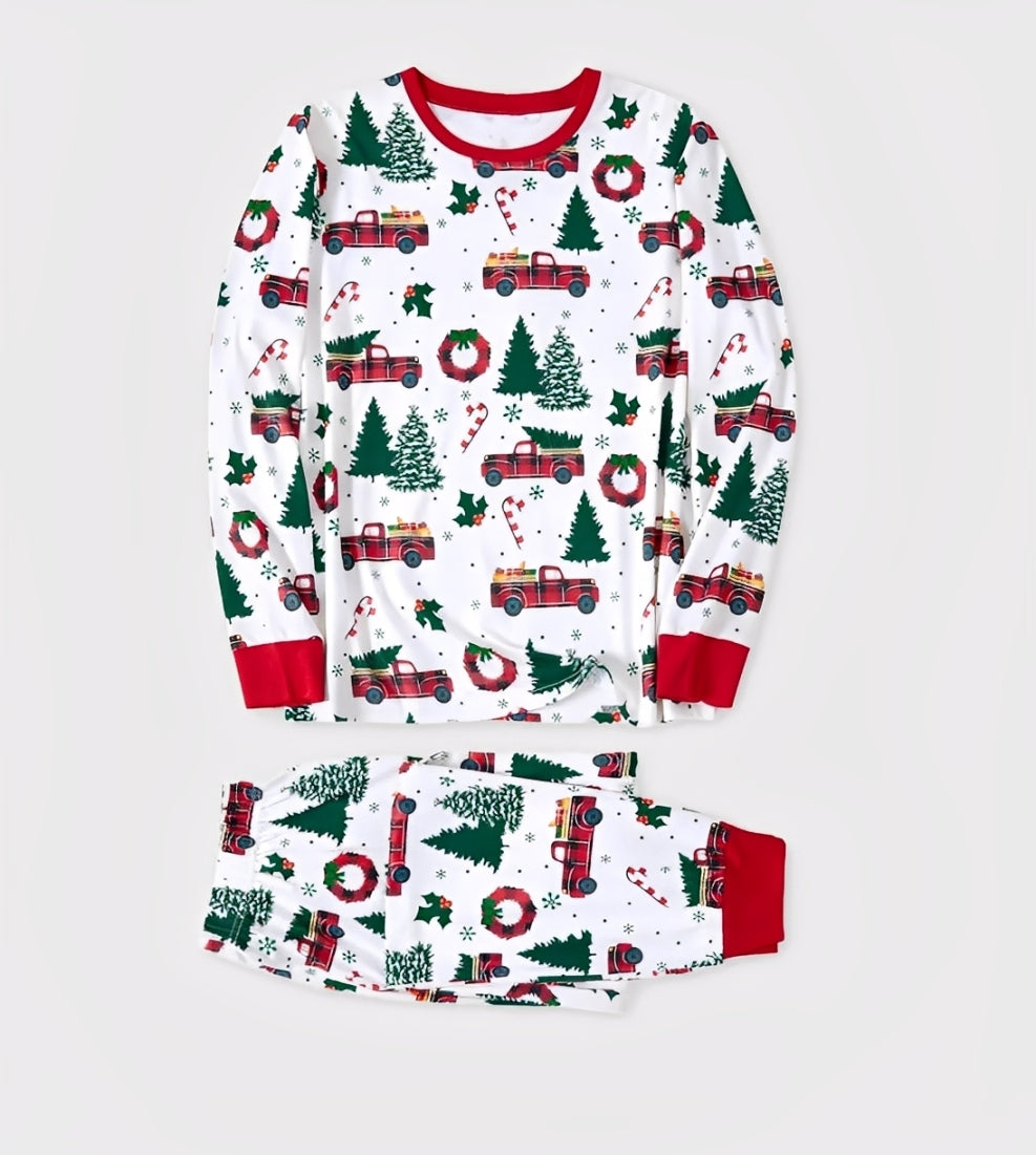 Adult unisex Christmas pajamas set with red trim and holiday truck print

