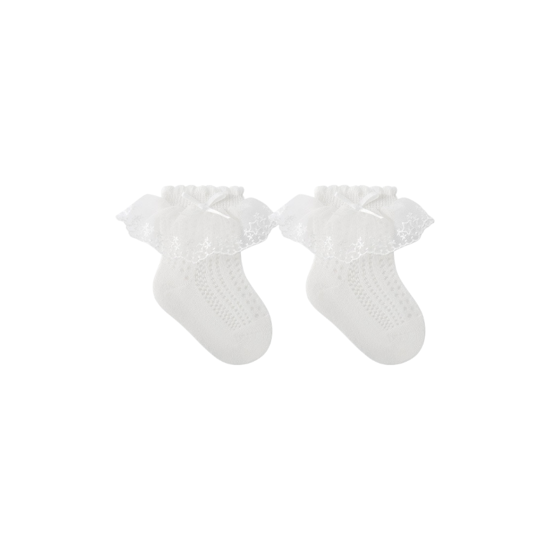 Angel-style baby socks featuring lace trim and elastic cuffs, made from OEKO-TEX certified cotton
