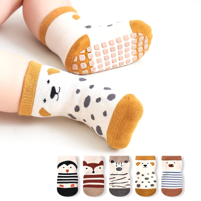 Children's socks with animal designs and patterns on a white background