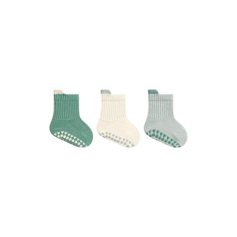 Blue and cream ribbed cotton baby socks with anti-slip grip – 3 pack