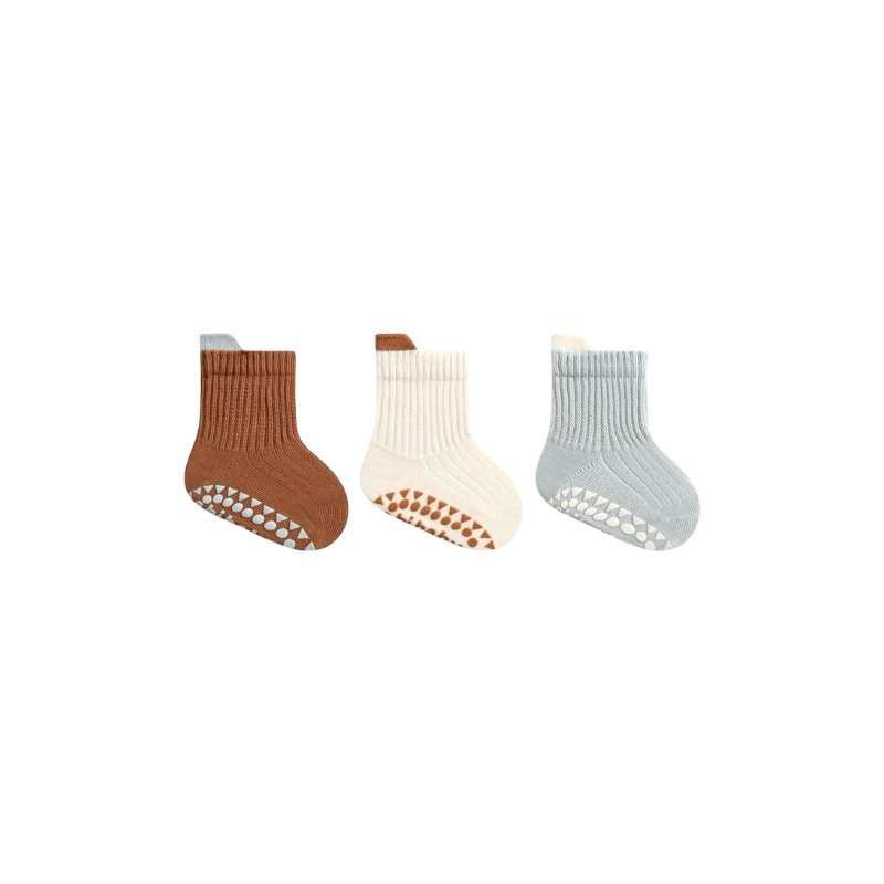 Brown and mint anti-slip cotton baby socks – breathable ribbed grip socks