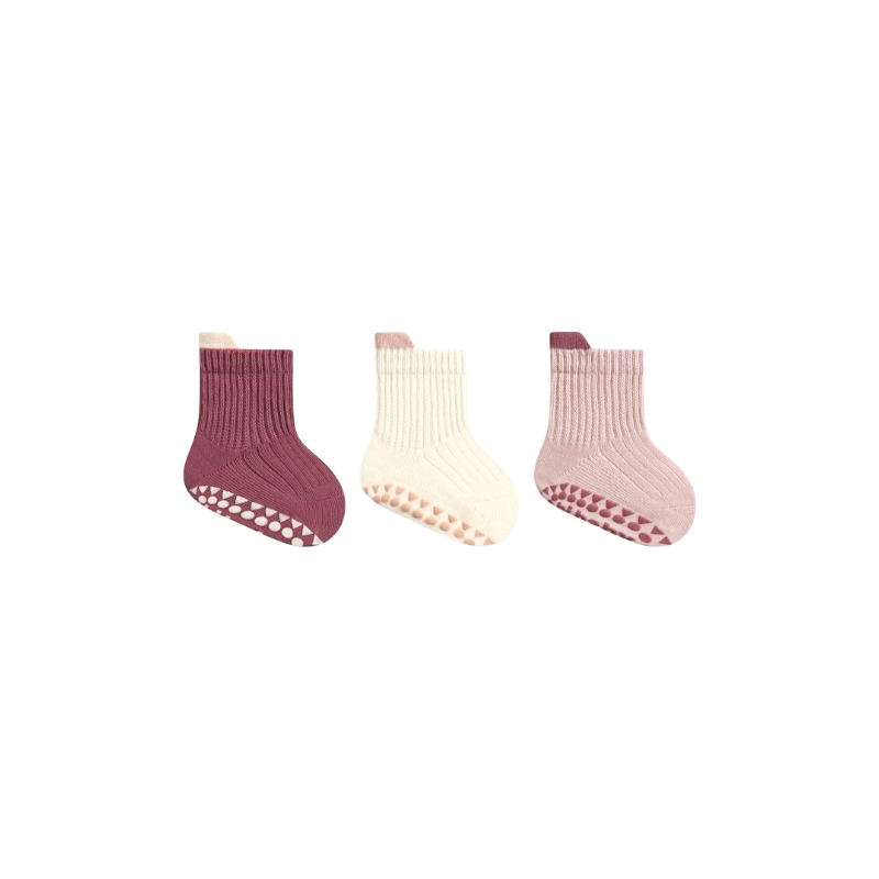 Pink and cream anti-slip ribbed baby socks with non-slip dots for baby girls