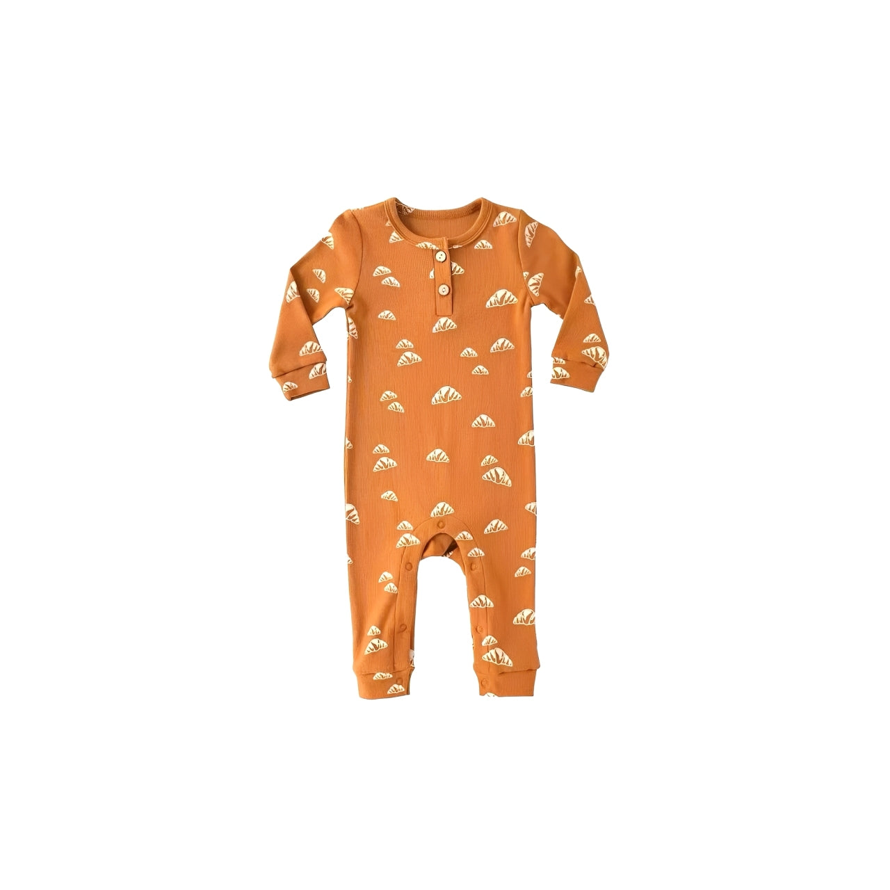 Apricot cotton baby romper with croissant pattern, long sleeves, ribbed fabric, and button front closure for spring and autumn wear.