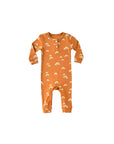 Apricot cotton baby romper with croissant pattern, long sleeves, ribbed fabric, and button front closure for spring and autumn wear.