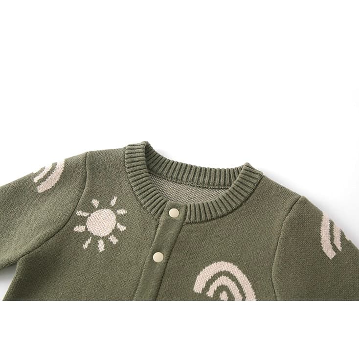 Detailed view of neckline and button design on army green knitted baby romper, showing fine stitching and snap closure.
