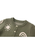 Detailed view of neckline and button design on army green knitted baby romper, showing fine stitching and snap closure.
