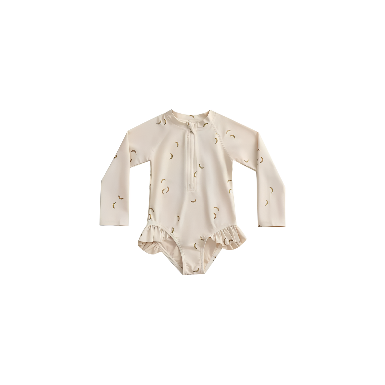 Baby banana print long sleeve swimsuit in beige with front zip and frill detail

