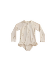 Baby banana print long sleeve swimsuit in beige with front zip and frill detail
