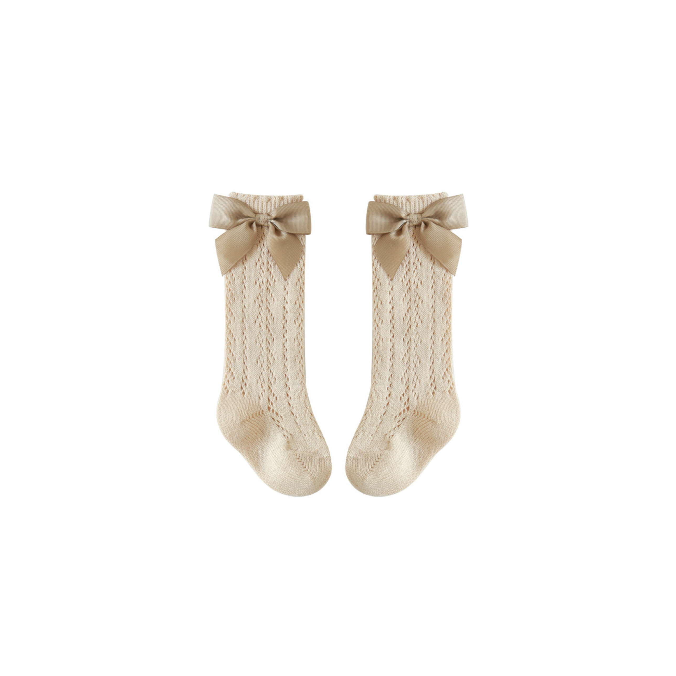 Beige baby knee-high socks with lace pattern and grosgrain bow, soft cotton blend for infants
