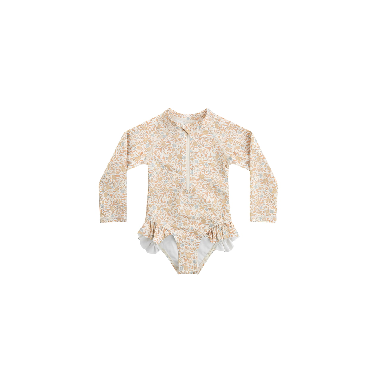 Baby beige floral long sleeve swimsuit, toddler girls UV protection swimwear, soft neutral floral baby swimsuit for beach and summer
