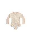 Baby beige floral long sleeve swimsuit, toddler girls UV protection swimwear, soft neutral floral baby swimsuit for beach and summer
