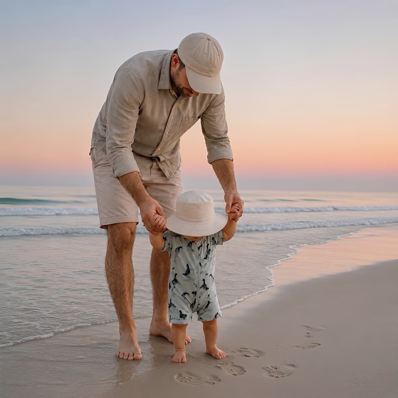 Baby wearing bird print zip swim romper on the beach, lightweight breathable baby swimwear for summer holidays