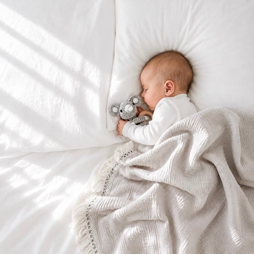 Sleeping newborn baby wrapped in a soft tassel blanket and cuddling a crochet elephant rattle, a thoughtful baby shower gift and newborn essential in the UK.