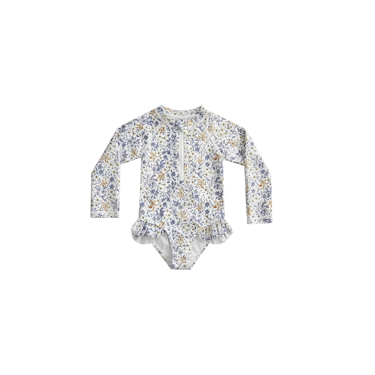 Baby blue floral long sleeve swimsuit, toddler girls UV protection swimwear, elegant floral baby swimsuit for beach and pool
