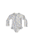 Baby blue floral long sleeve swimsuit, toddler girls UV protection swimwear, elegant floral baby swimsuit for beach and pool
