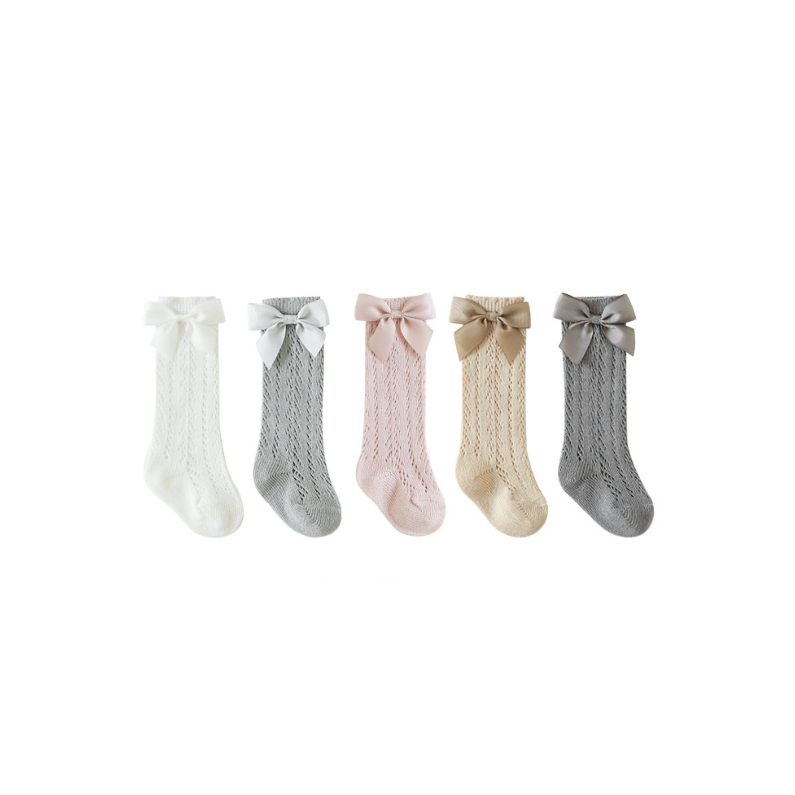 Set of baby lace knee-high socks in white, gray, pink, beige, and charcoal, each with a cute bow

