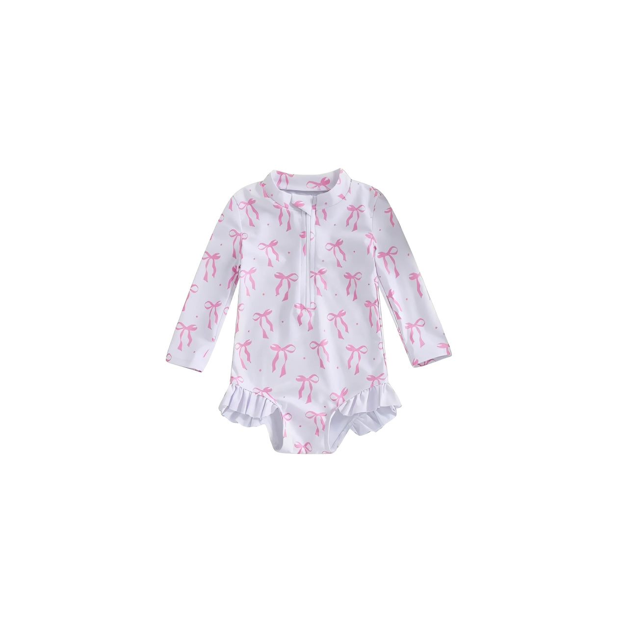 Baby bow print long sleeve swimsuit with UV protection, pink toddler girls rash guard swimwear, quick dry baby one piece swim outfit