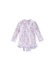 Baby bow print long sleeve swimsuit with UV protection, pink toddler girls rash guard swimwear, quick dry baby one piece swim outfit
