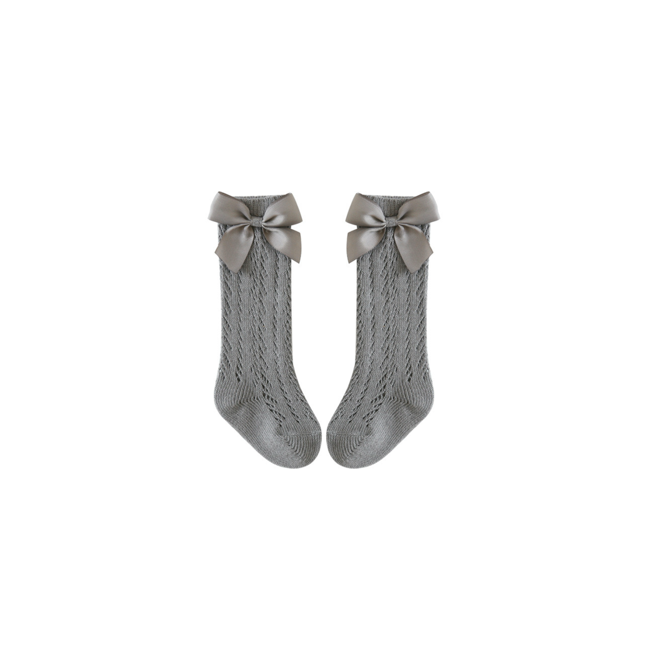 Charcoal gray baby lace knee-high socks with ribbon bow, stylish and comfortable cotton knit
