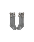 Charcoal gray baby lace knee-high socks with ribbon bow, stylish and comfortable cotton knit
