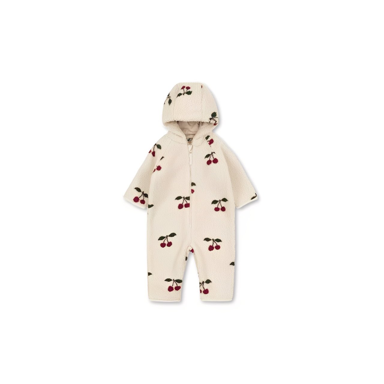 Soft fleece baby romper with cherry pattern and hood, perfect for fall and winter warmth
