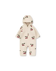 Soft fleece baby romper with cherry pattern and hood, perfect for fall and winter warmth
