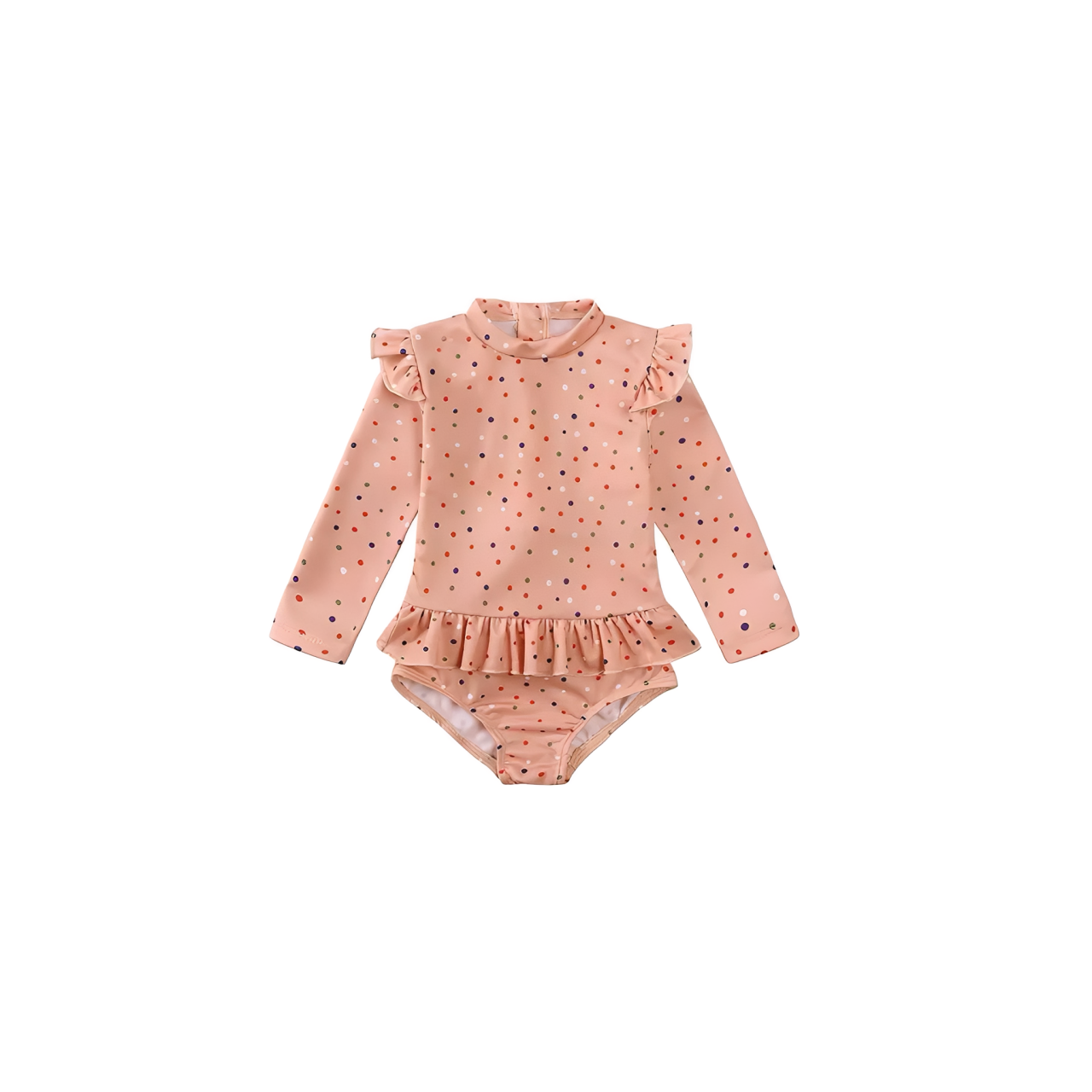 Baby long sleeve confetti dot swimsuit peach front view with frill detail, colourful polka dot baby swimwear for beach and pool