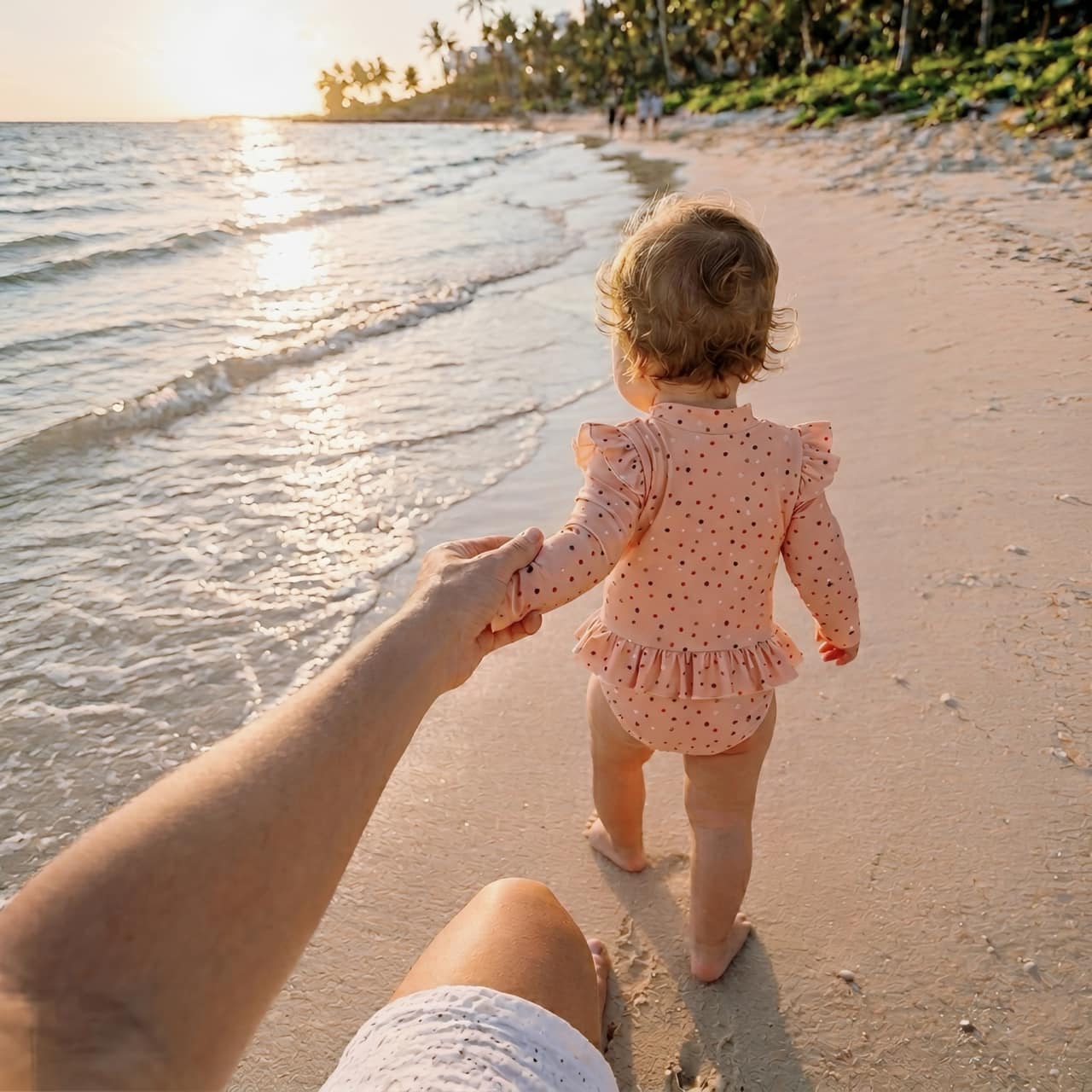 baby girl wearing pink confetti dot long sleeve swimsuit at the beach
