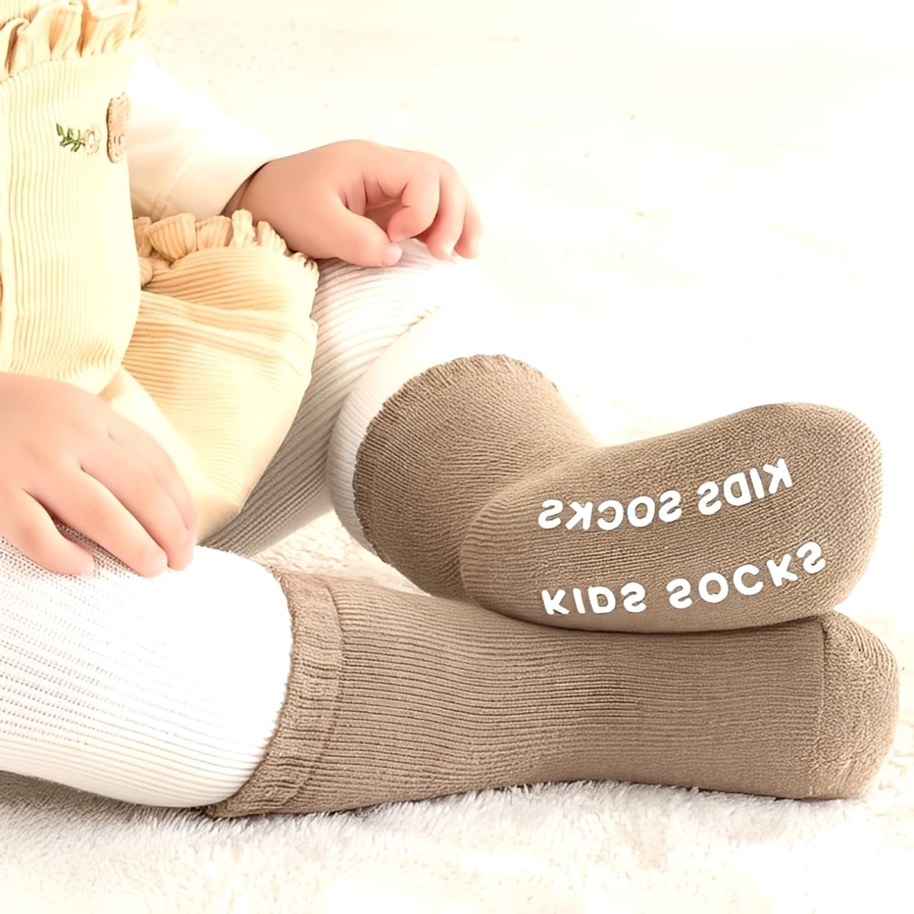 Baby sitting wearing soft brown cotton anti-slip socks for cozy warmth