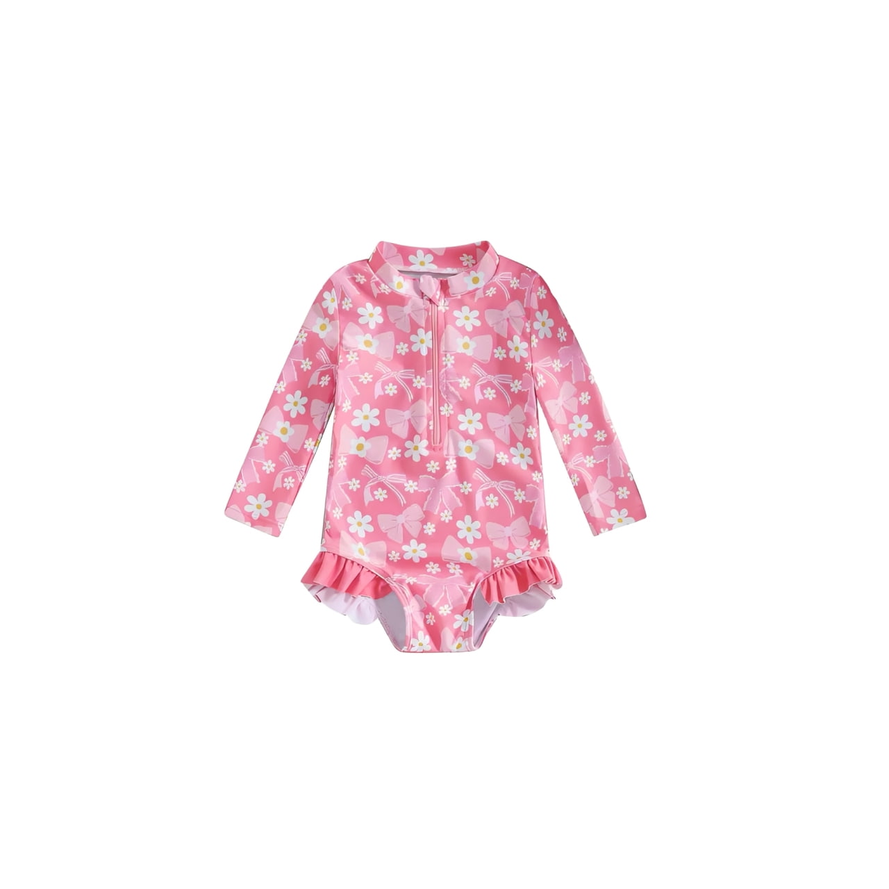 Baby daisy bow long sleeve swimsuit with UV protection, pink floral toddler rash guard swimwear for girls, quick dry baby swim outfit

