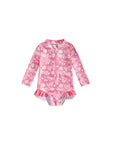 Baby daisy bow long sleeve swimsuit with UV protection, pink floral toddler rash guard swimwear for girls, quick dry baby swim outfit
