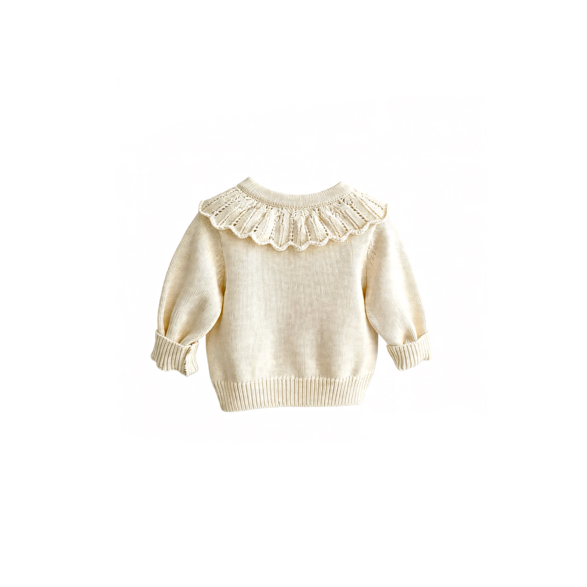 Baby knit cardigan back view in apricot with soft ruffle collar and long sleeves
