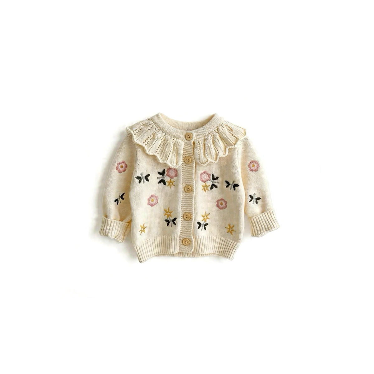 Baby floral knit cardigan front view in apricot with embroidered flowers and ruffle collar